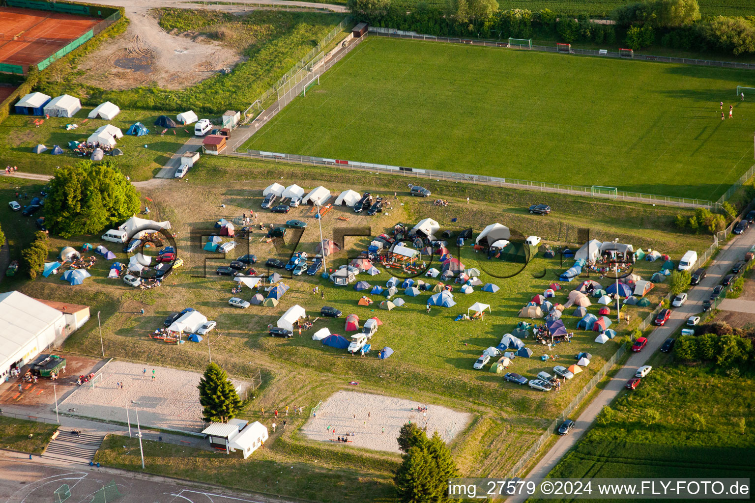 Oblique view of Handball Whitsun tournament in the district Langensteinbach in Karlsbad in the state Baden-Wuerttemberg, Germany