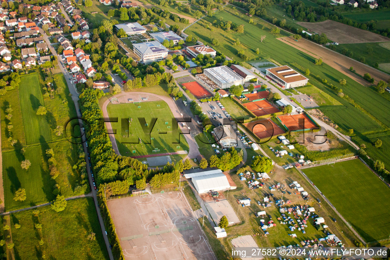 Handball Pentecost Tournament in the district Langensteinbach in Karlsbad in the state Baden-Wuerttemberg, Germany seen from above