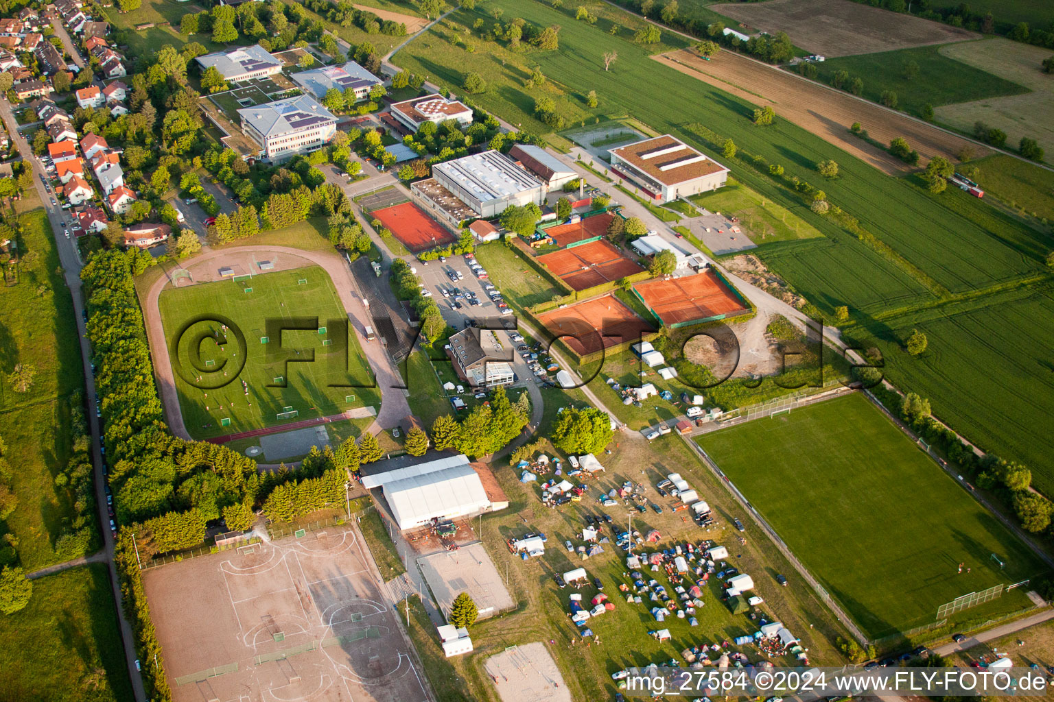 Bird's eye view of Handball Whitsun tournament in the district Langensteinbach in Karlsbad in the state Baden-Wuerttemberg, Germany