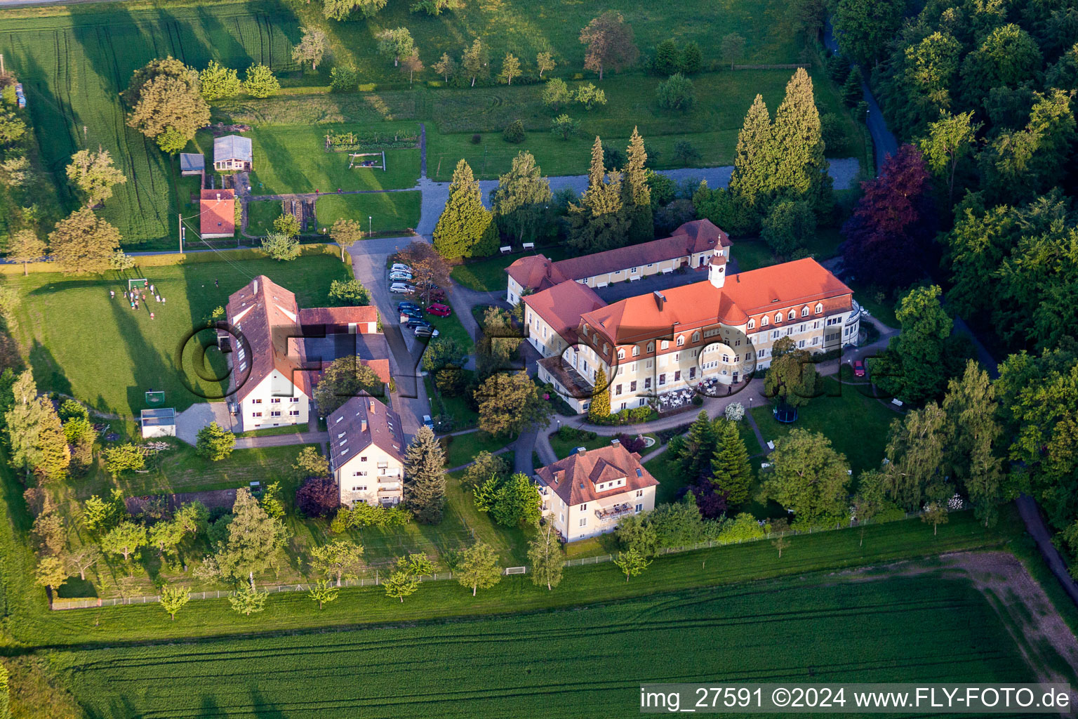 Aerial view of Ground, administration and basis of the charitable organization Bibelheim Bethanien in the district Langensteinbach in Karlsbad in the state Baden-Wurttemberg, Germany