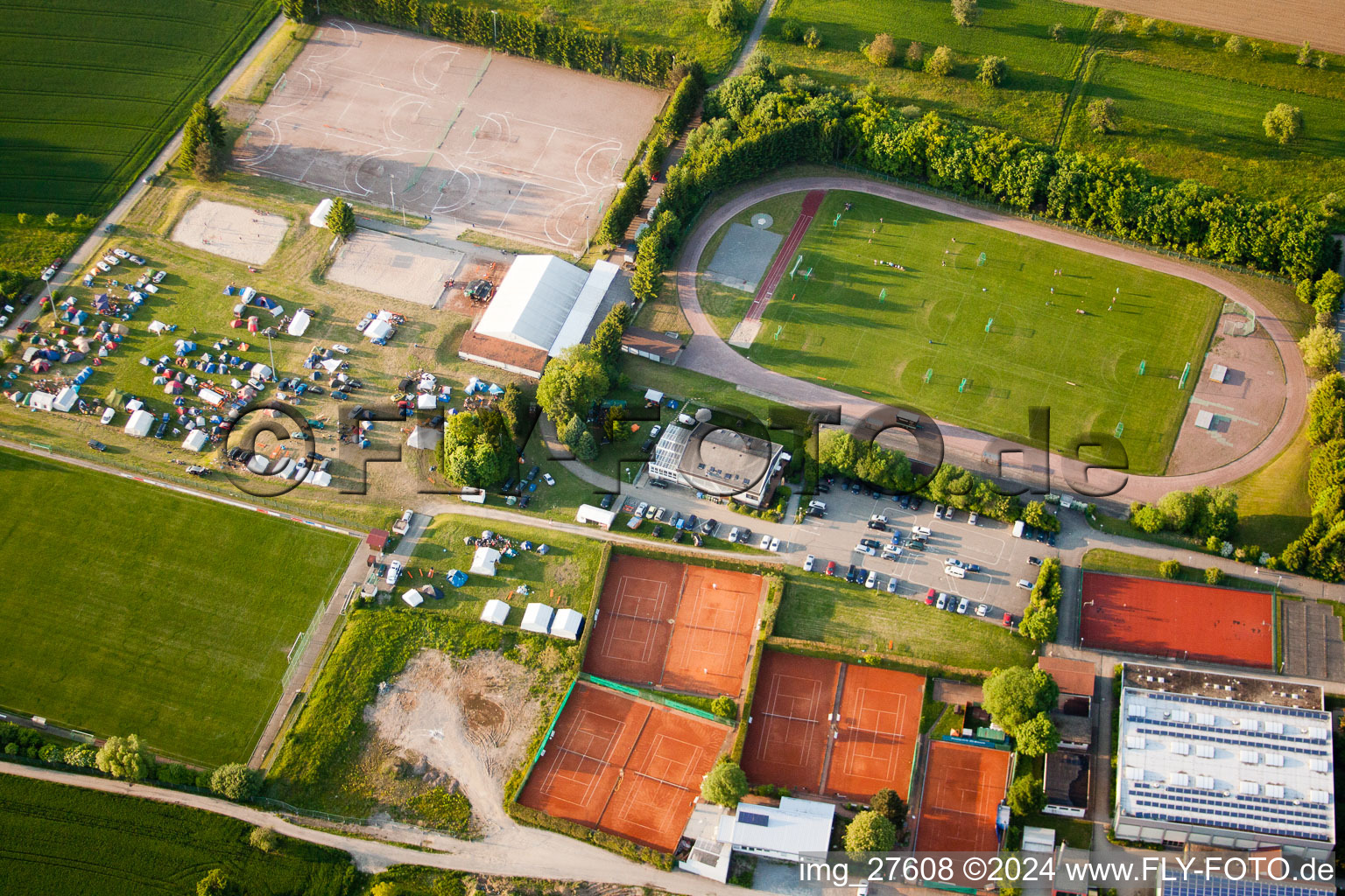 Drone image of Handball Pentecost Tournament in the district Langensteinbach in Karlsbad in the state Baden-Wuerttemberg, Germany