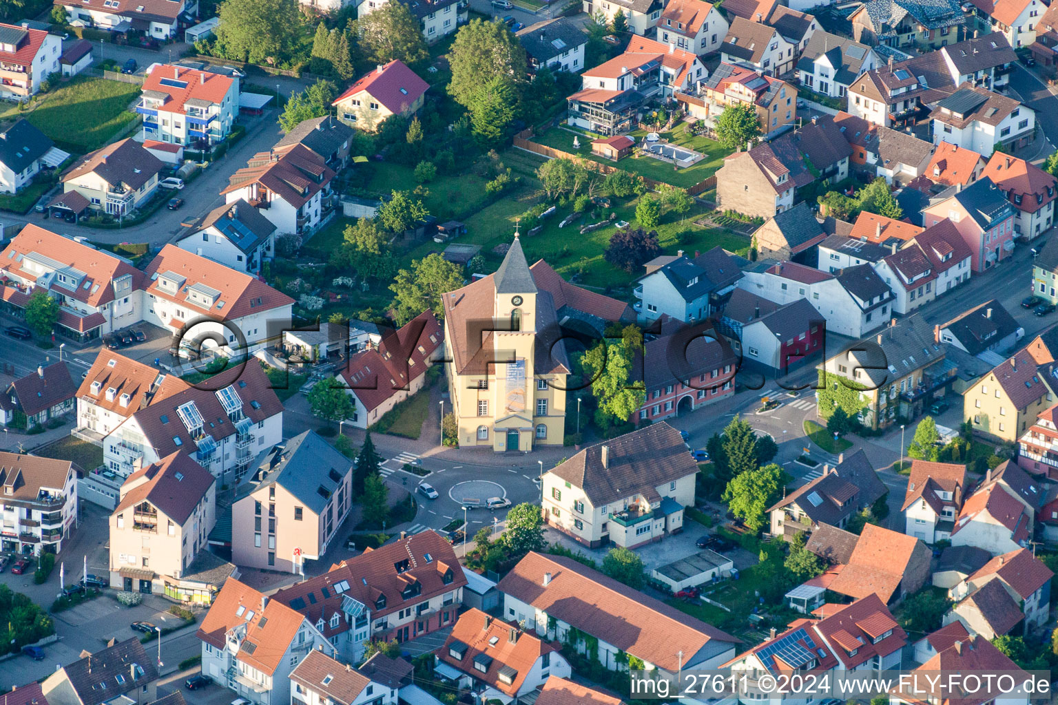 Aerial view of Church building in of Weinbrennerkirche Langensteinbach Old Town- center of downtown in the district Langensteinbach in Karlsbad in the state Baden-Wurttemberg, Germany