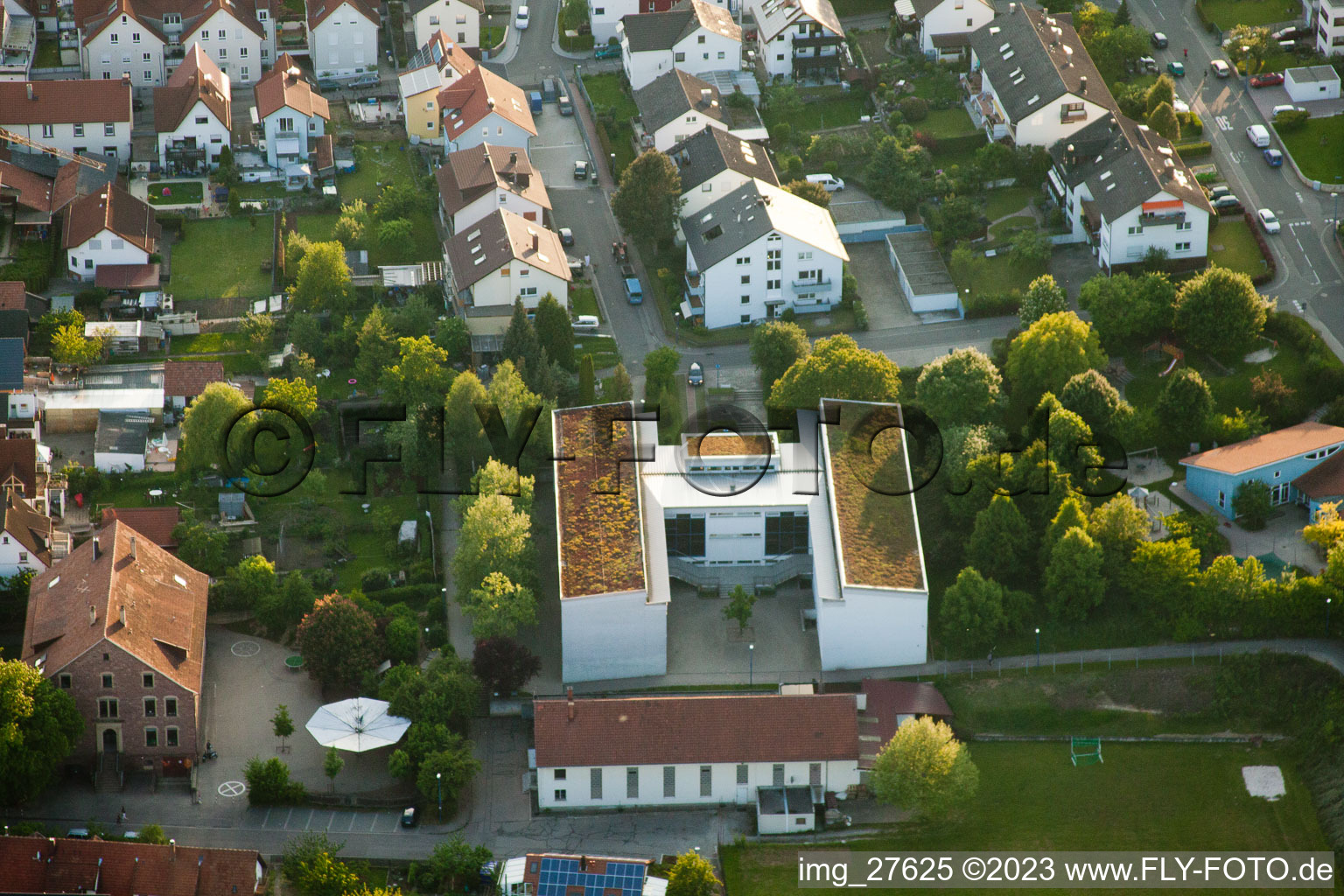 Aerial view of Anne Frank School in the district Busenbach in Waldbronn in the state Baden-Wuerttemberg, Germany