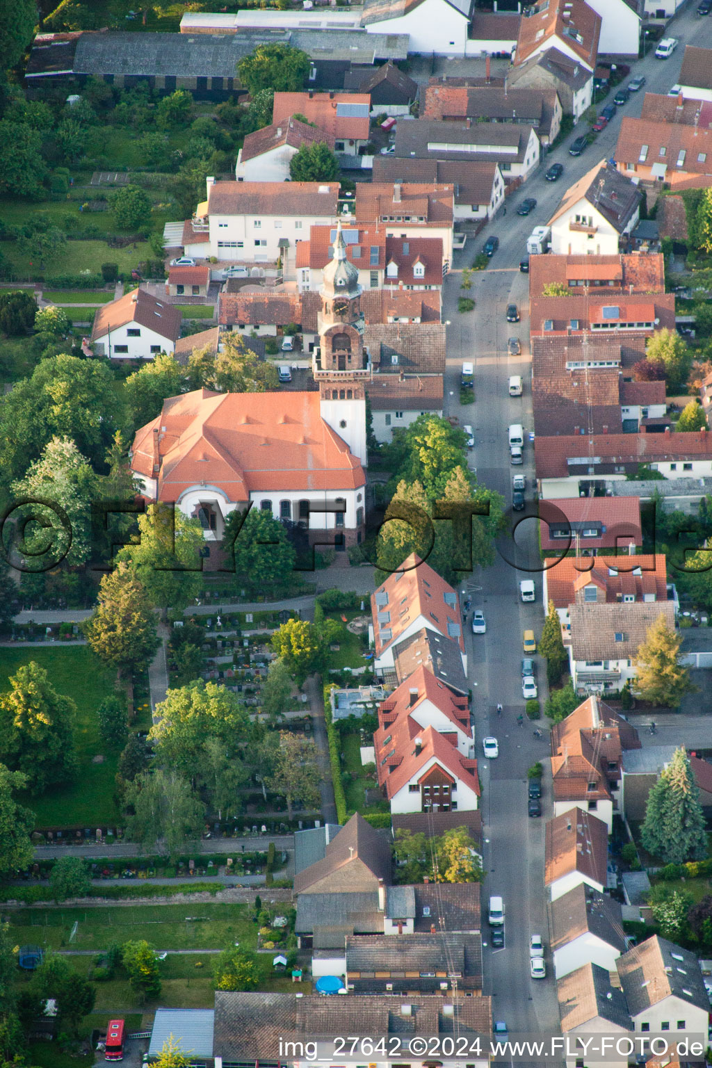 Aerial view of Resurrection Church in the district Rüppurr in Karlsruhe in the state Baden-Wuerttemberg, Germany