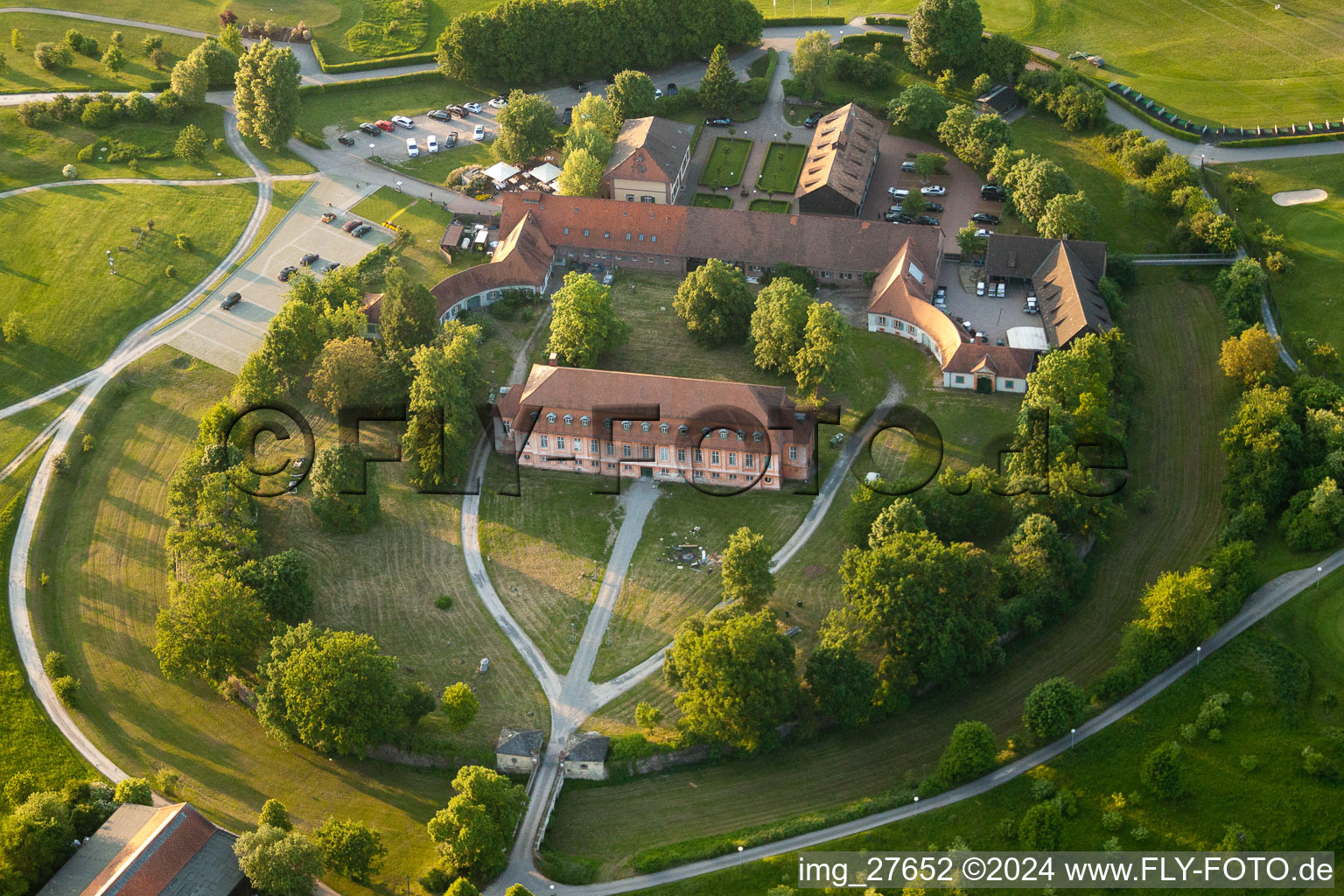 Aerial photograpy of Grounds of the Golf course at Golfclub Hofgut Scheibenhardt e.V in Karlsruhe in the state Baden-Wurttemberg
