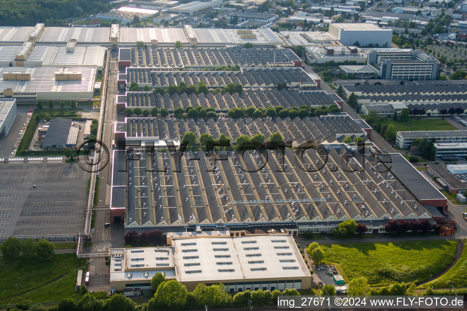 Aerial view of Building and production halls on the premises of Heidelberger Druckmaschinen AG in Wiesloch in the state Baden-Wurttemberg, Germany