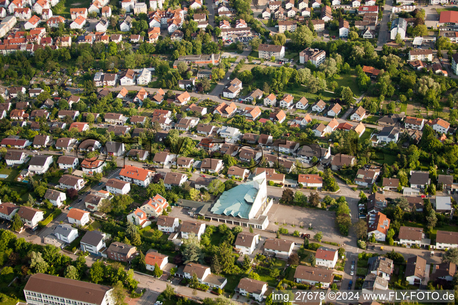 Aerial view of Trinity Church in Wiesloch in the state Baden-Wuerttemberg, Germany