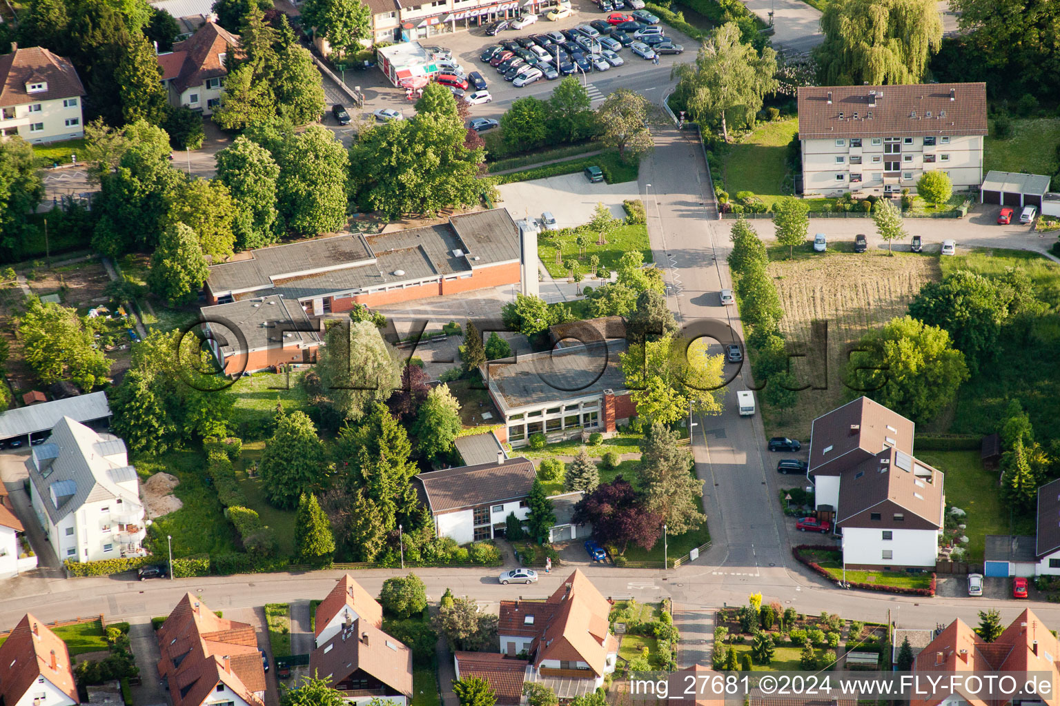 Aerial view of Ev. Kindergarten One World in Wiesloch in the state Baden-Wuerttemberg, Germany