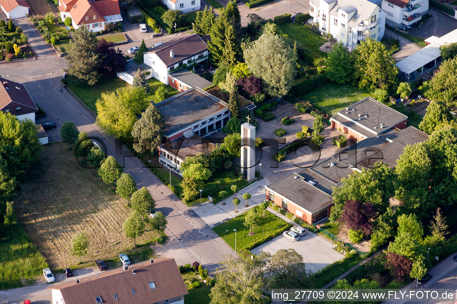 Aerial view of Church building of the Evangelic community with Kindergarden One World in Wiesloch in the state Baden-Wurttemberg, Germany