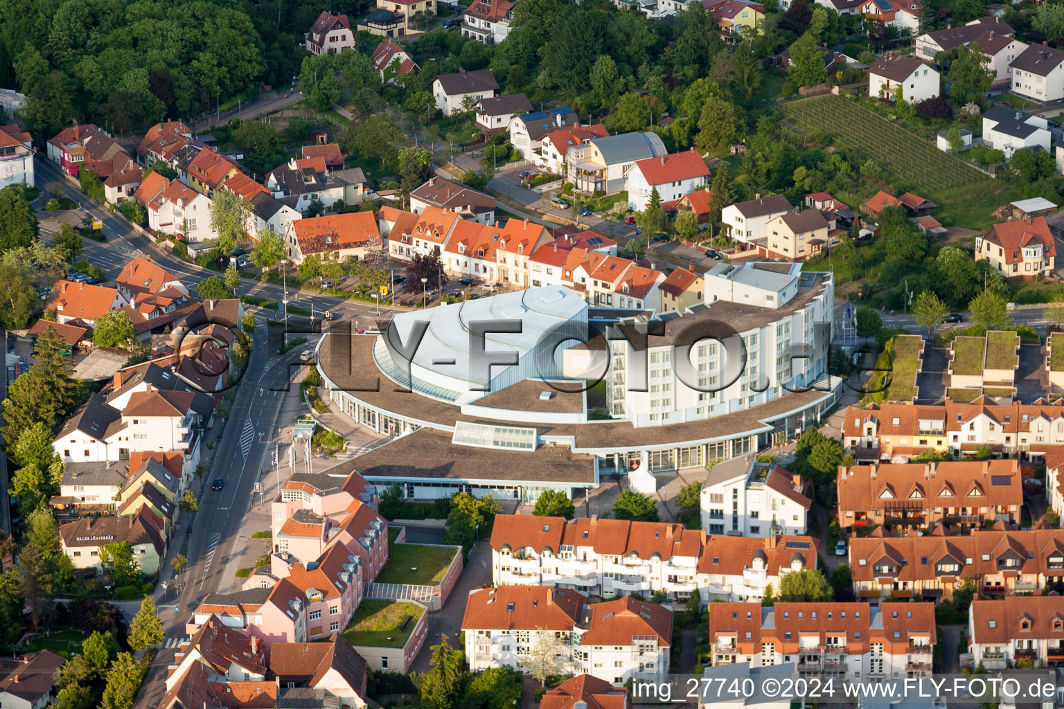 Aerial view of Complex of the hotel building Best Western Plus Palatin Kongress Hotel in Wiesloch in the state Baden-Wurttemberg, Germany