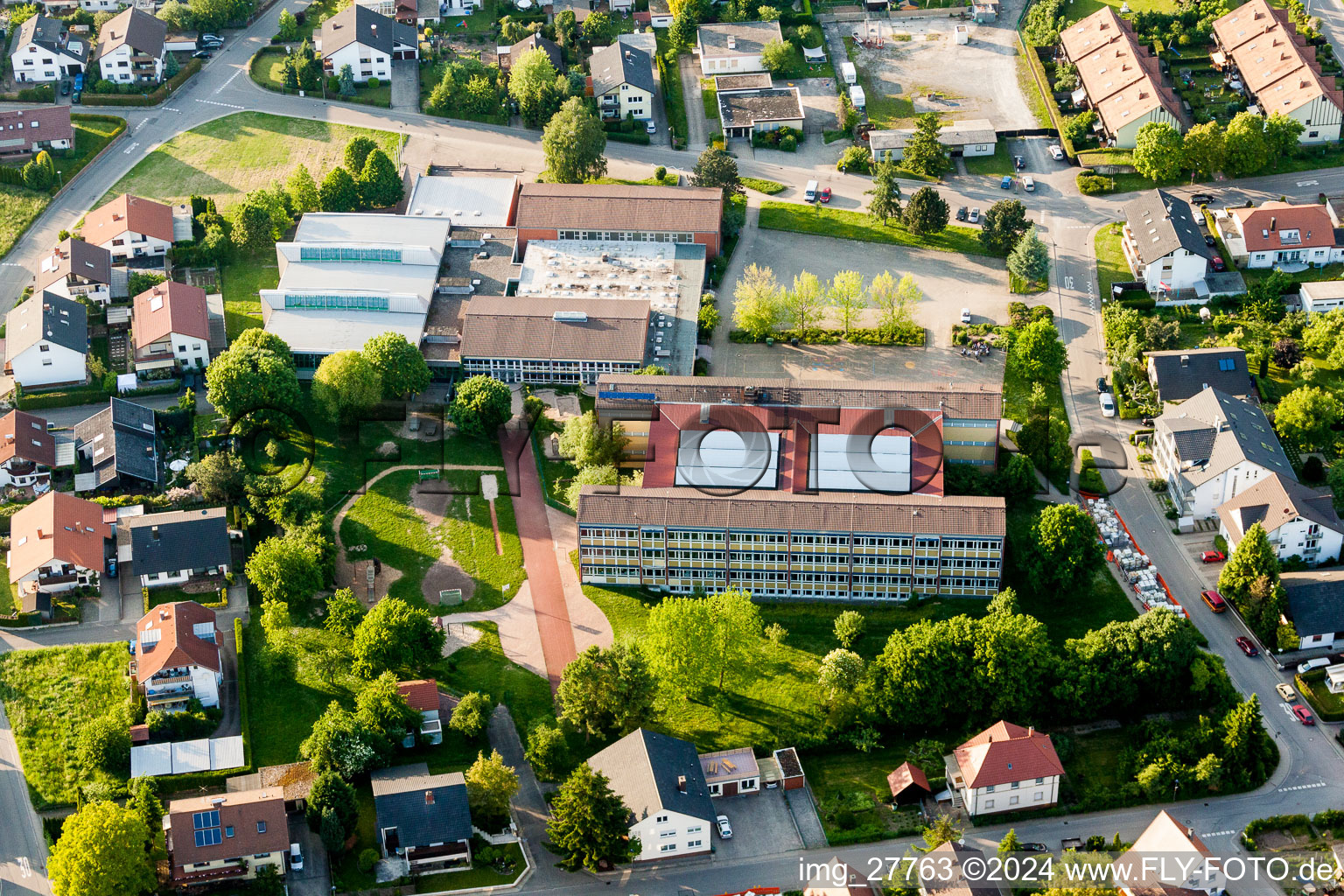 Aerial view of School building of the Mannabergschule and town hall in Rauenberg in the state Baden-Wurttemberg, Germany