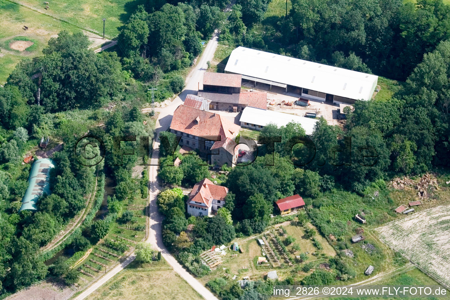 Oblique view of Wanzheim Mill in Rheinzabern in the state Rhineland-Palatinate, Germany