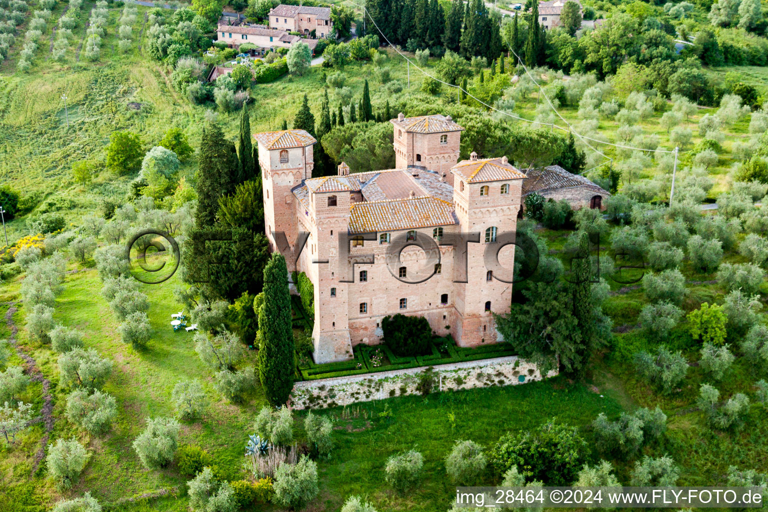 Complex of the castle-hotel building Castello Delle Quattro Torra in Siena in Toskana, Italy