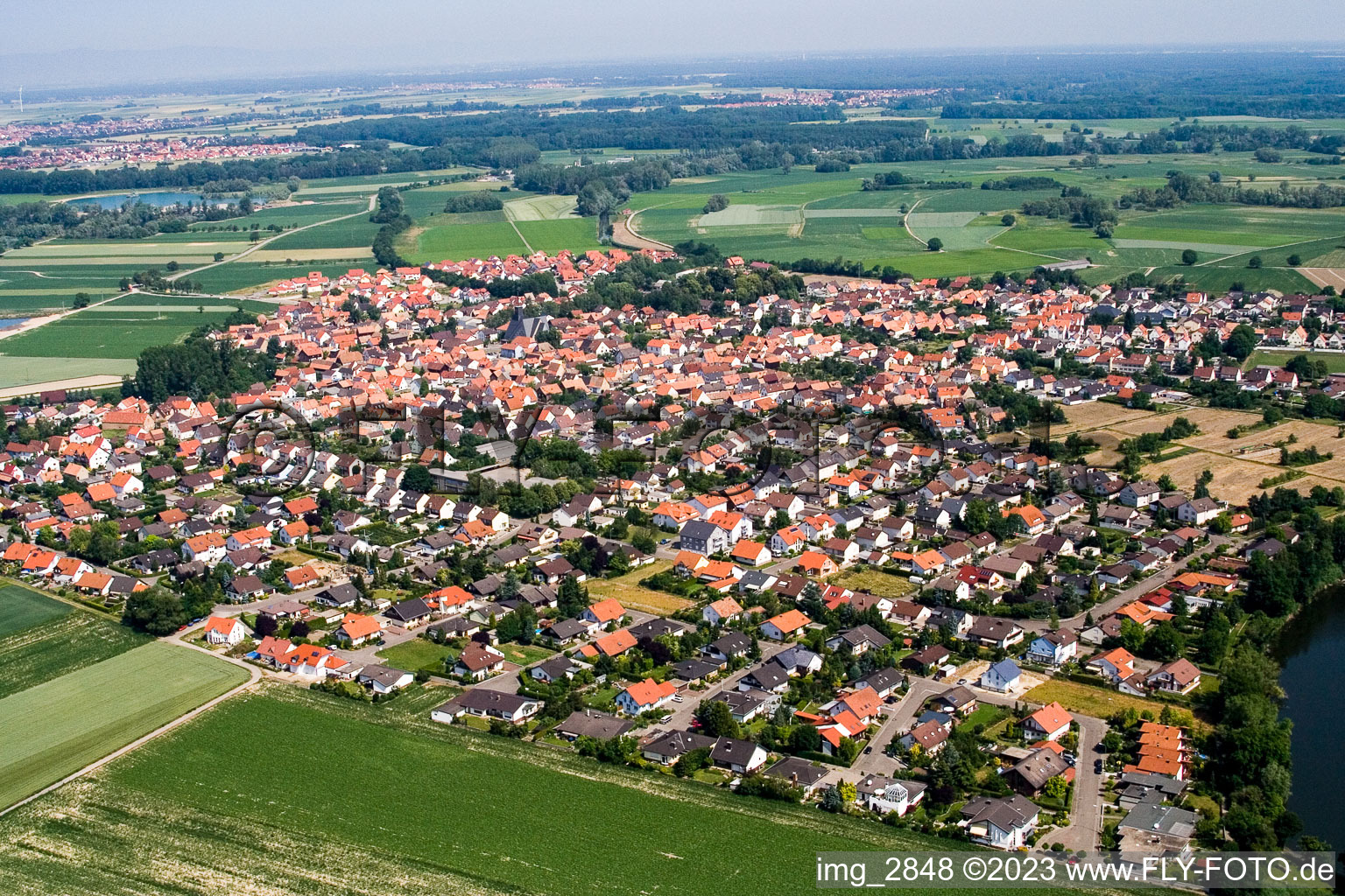 Aerial view of From the south in Leimersheim in the state Rhineland-Palatinate, Germany