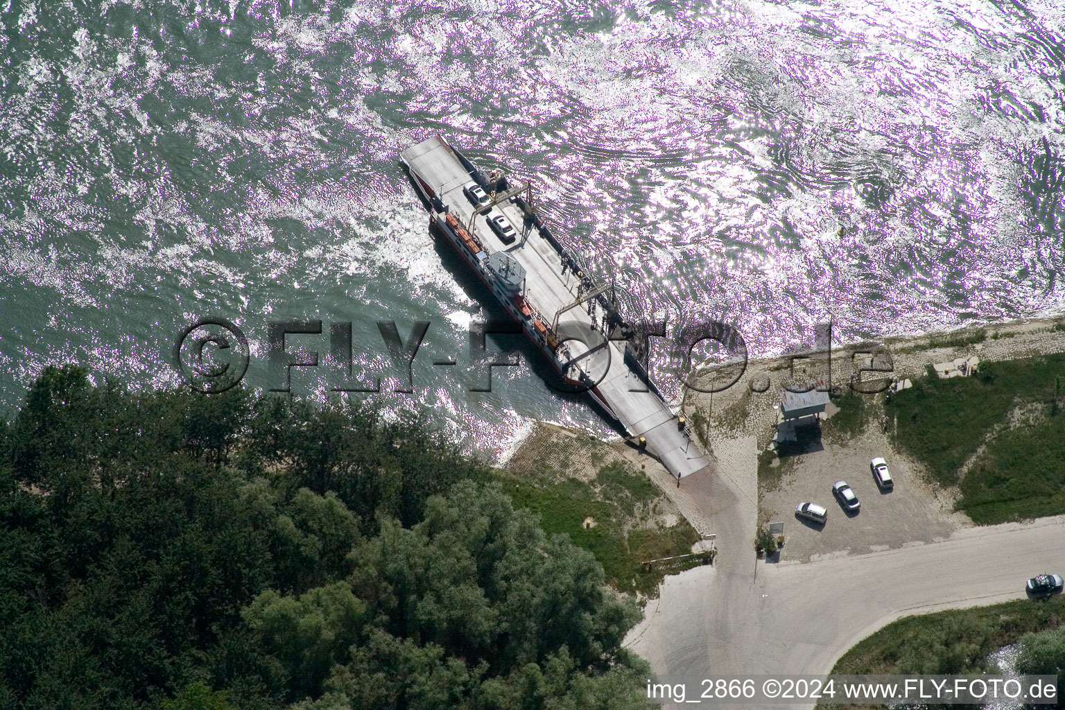 Aerial view of Rhine ferry to Leopoldshafen in Leimersheim in the state Rhineland-Palatinate, Germany