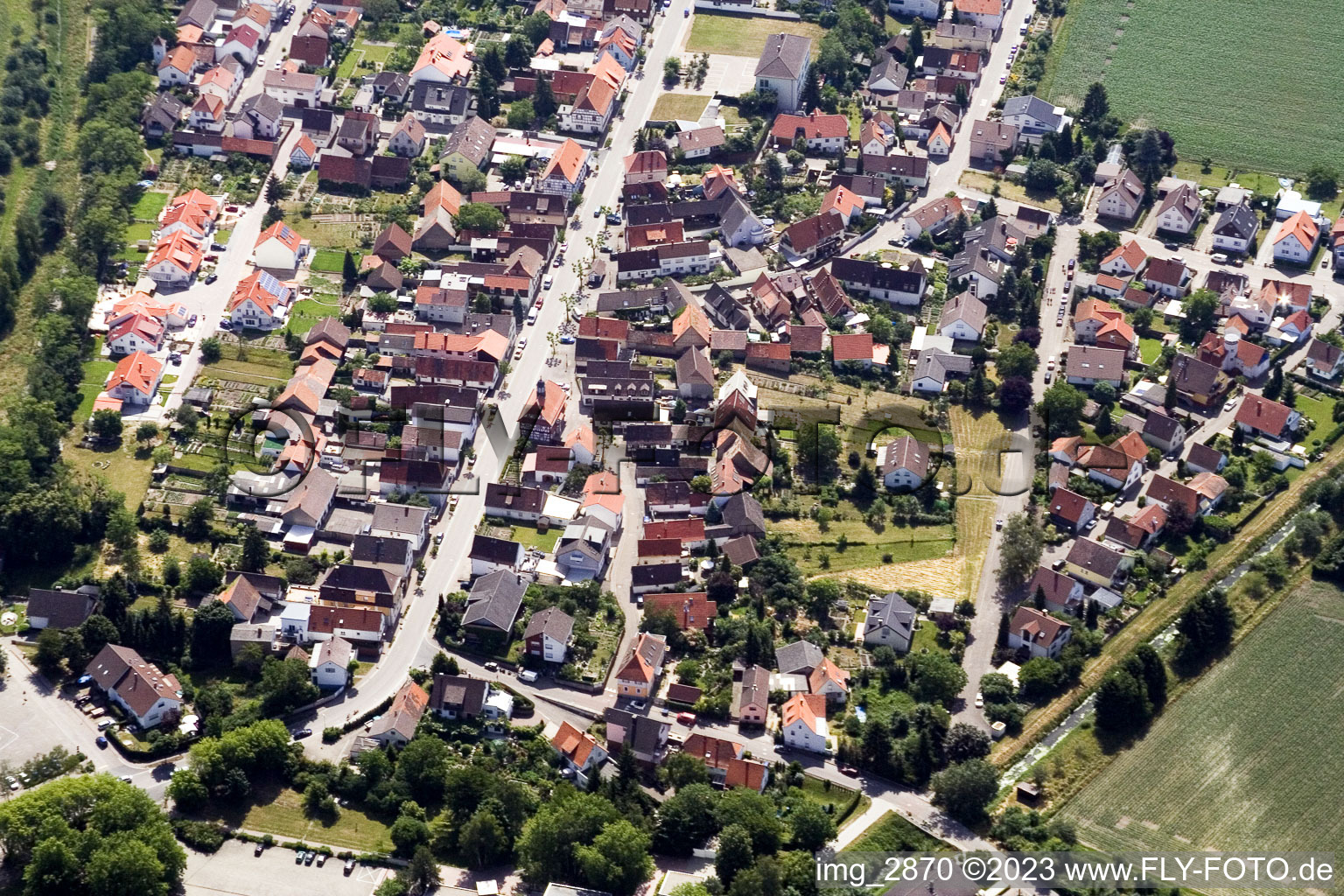 District Leopoldshafen in Eggenstein-Leopoldshafen in the state Baden-Wuerttemberg, Germany seen from a drone