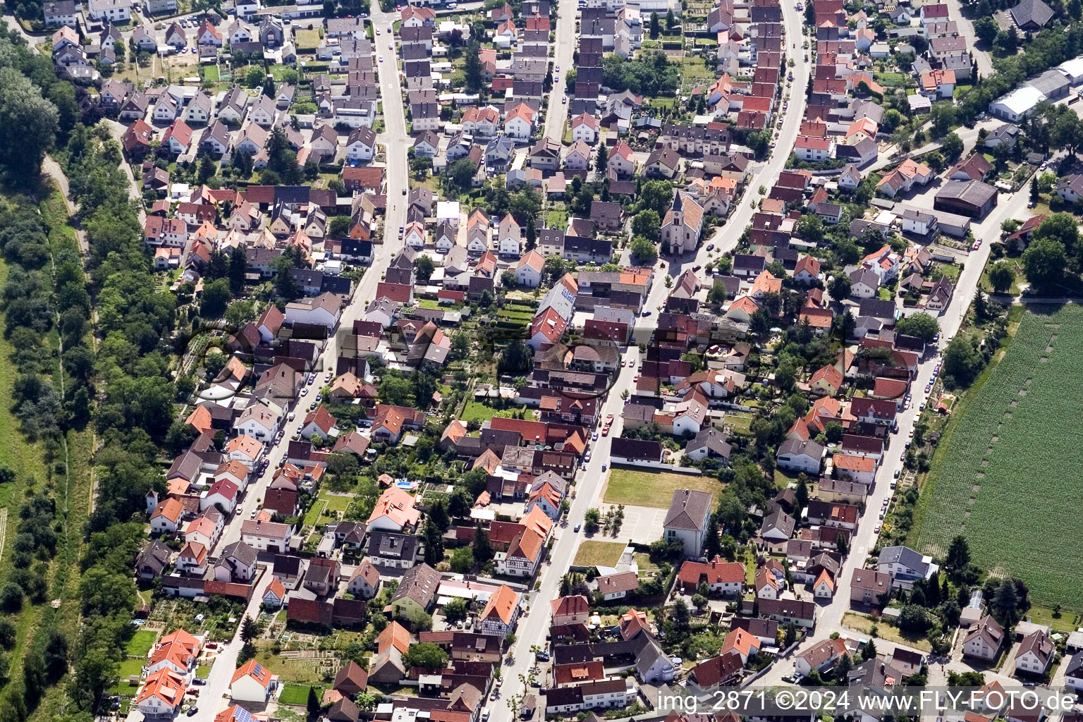 District Leopoldshafen in Eggenstein-Leopoldshafen in the state Baden-Wuerttemberg, Germany seen from a drone