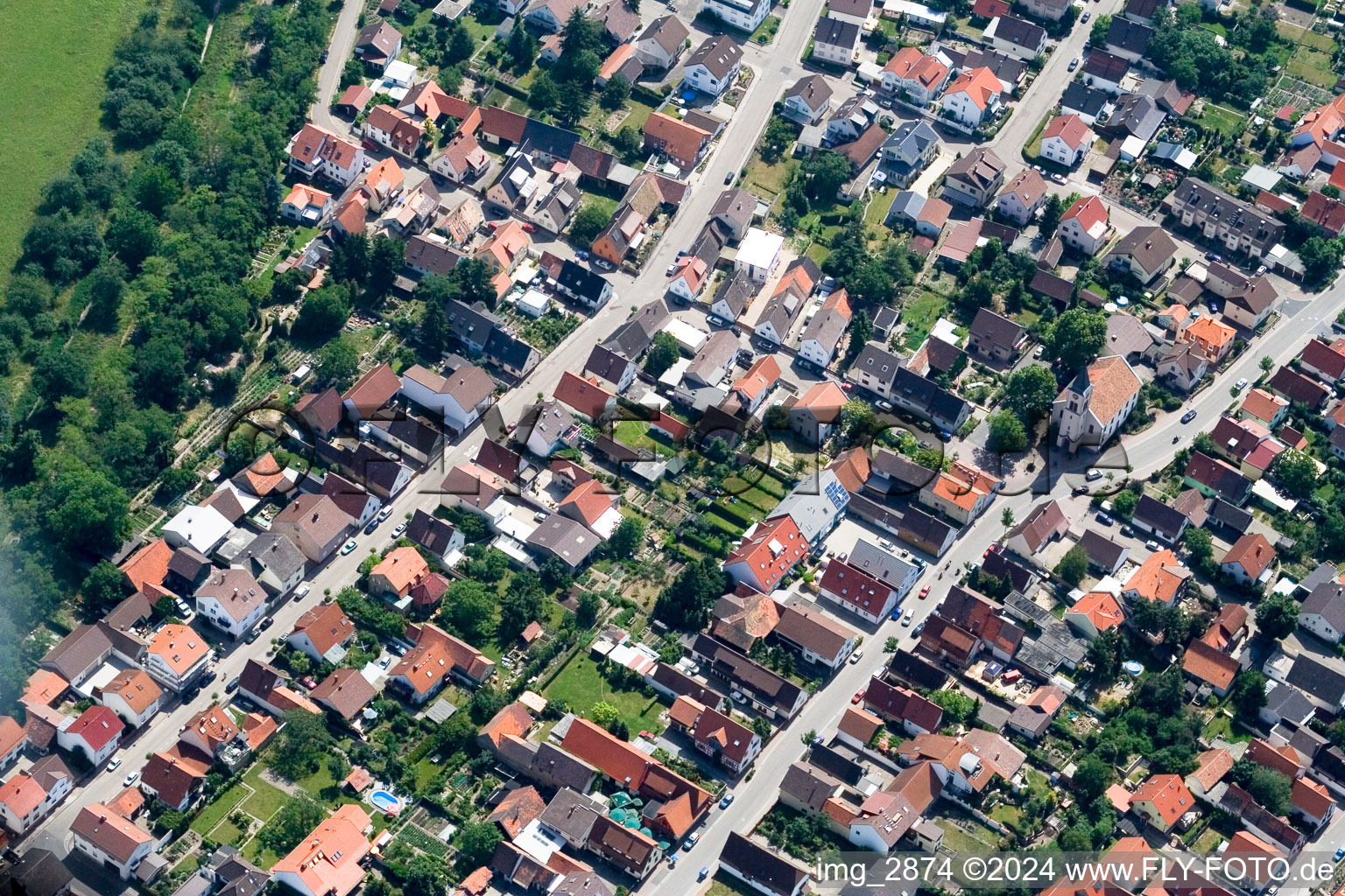 Oblique view of District Leopoldshafen in Eggenstein-Leopoldshafen in the state Baden-Wuerttemberg, Germany