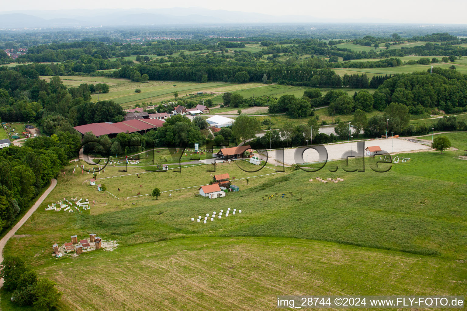 Haras de la Nee in Neewiller-près-Lauterbourg in the state Bas-Rhin, France seen from a drone