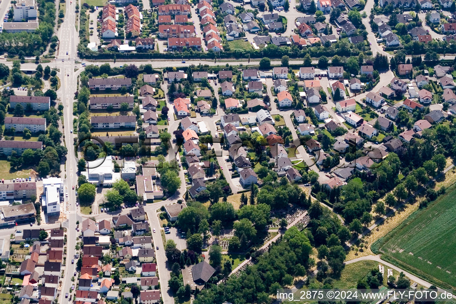 Oblique view of District Leopoldshafen in Eggenstein-Leopoldshafen in the state Baden-Wuerttemberg, Germany