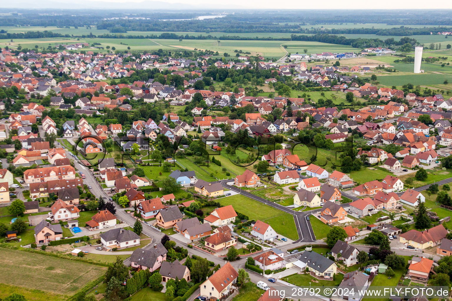 Aerial view of Village view in Rœschwoog in the state Bas-Rhin, France