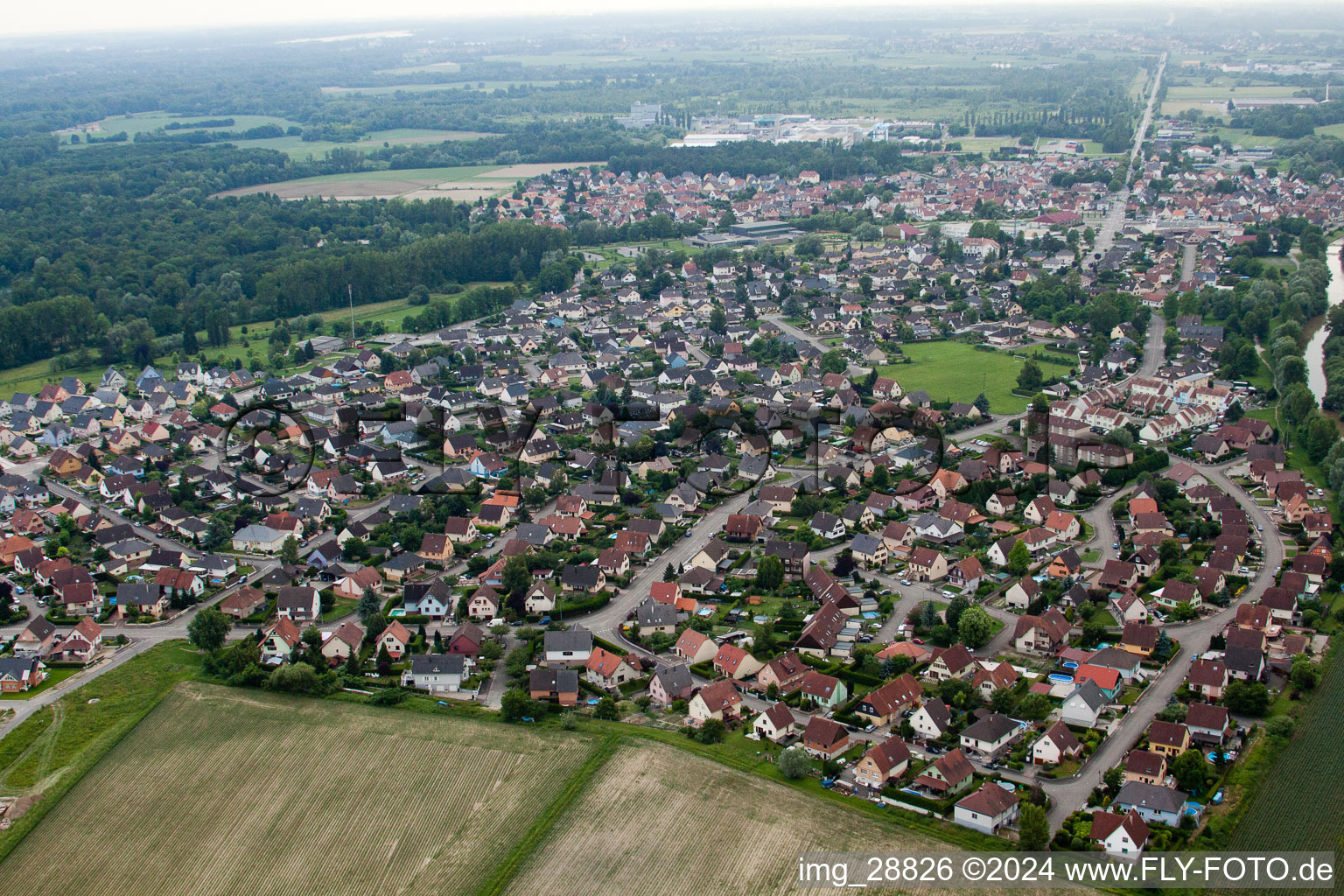 Drusenheim in the state Bas-Rhin, France from the drone perspective