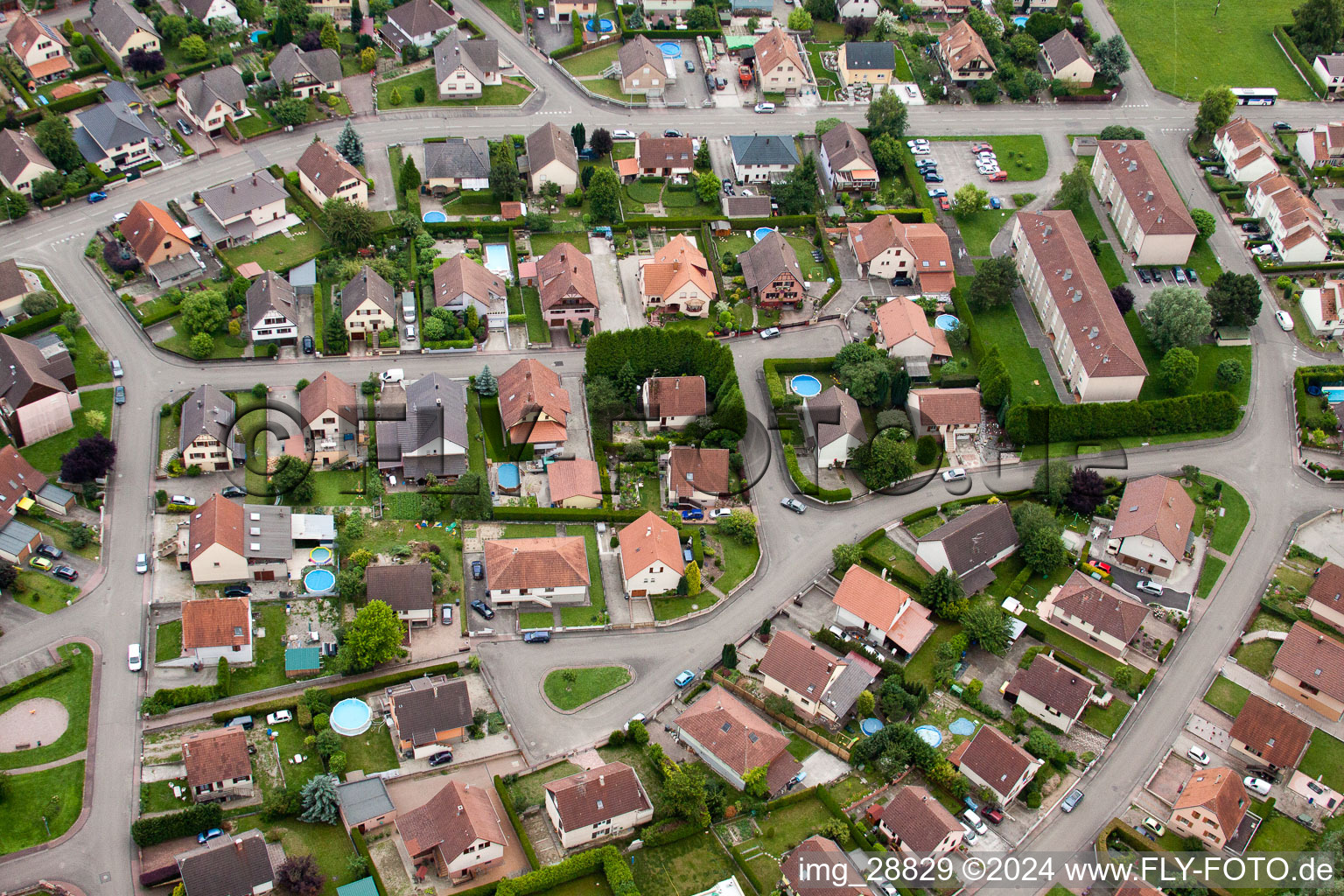 Drusenheim in the state Bas-Rhin, France seen from a drone