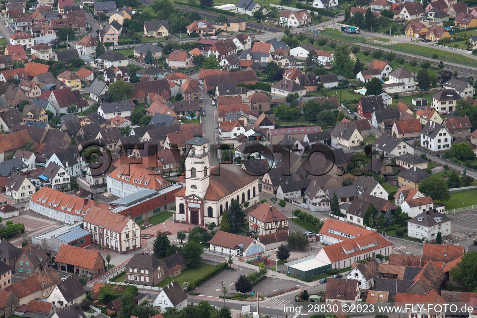 Aerial view of Drusenheim in the state Bas-Rhin, France