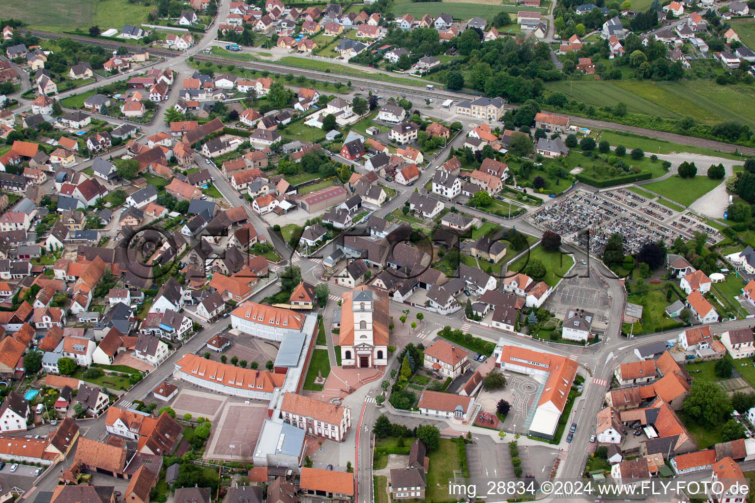 Drusenheim in the state Bas-Rhin, France from above