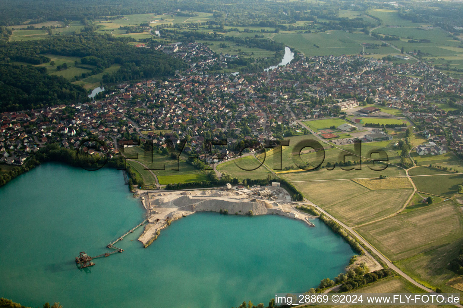 Aerial view of Site and tailings area of the gravel mining GraviA?re in La Wantzenau in Grand Est, France