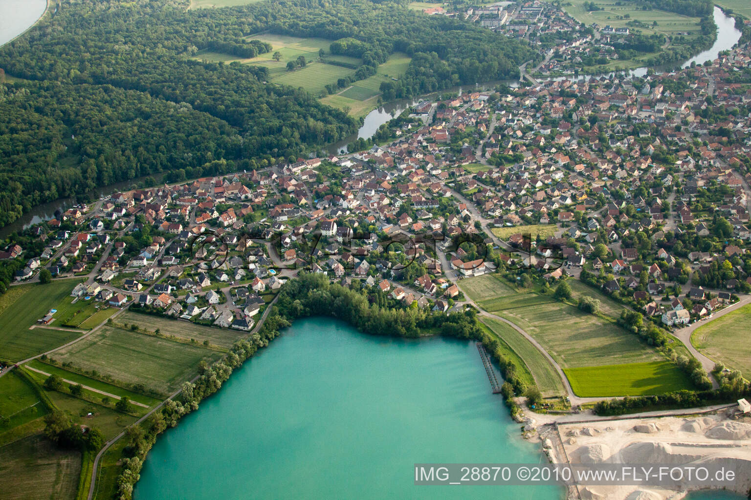 Aerial photograpy of Site and tailings area of the gravel mining GraviA?re in La Wantzenau in Grand Est, France