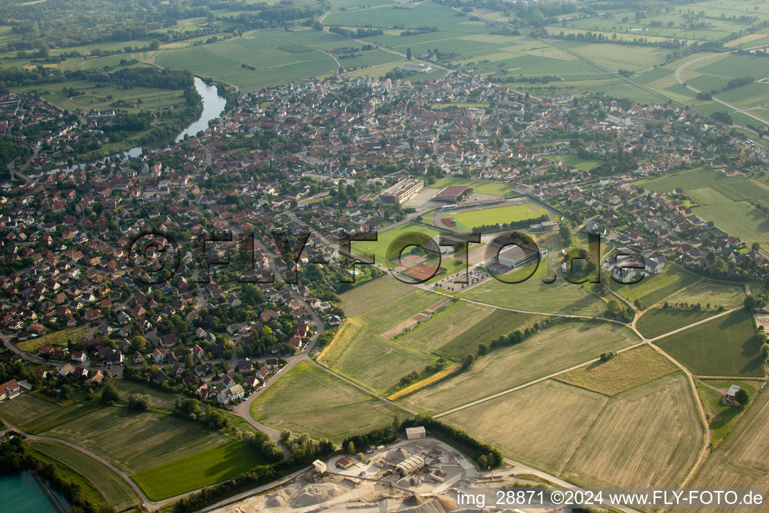 Oblique view of Site and tailings area of the gravel mining GraviA?re in La Wantzenau in Grand Est, France