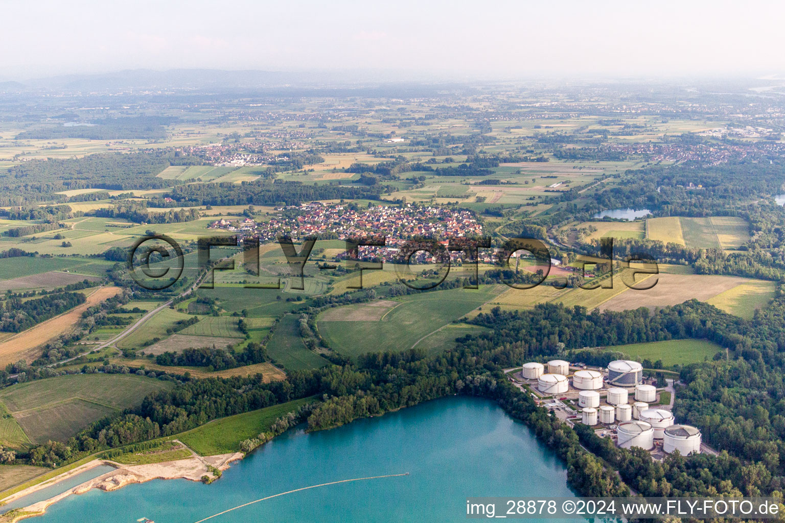 Oiltanking Deutschland GmbH & Co. KG in front of the Honauer Baggersee in the district Honau in Rheinau in the state Baden-Wuerttemberg, Germany