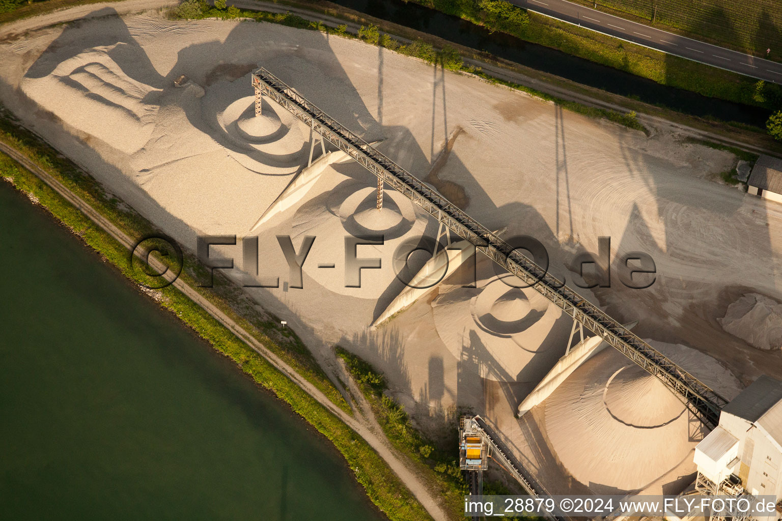 Aerial view of Site and tailings area of the gravel mining and sailing club Honau in Rheinau in the state Baden-Wurttemberg