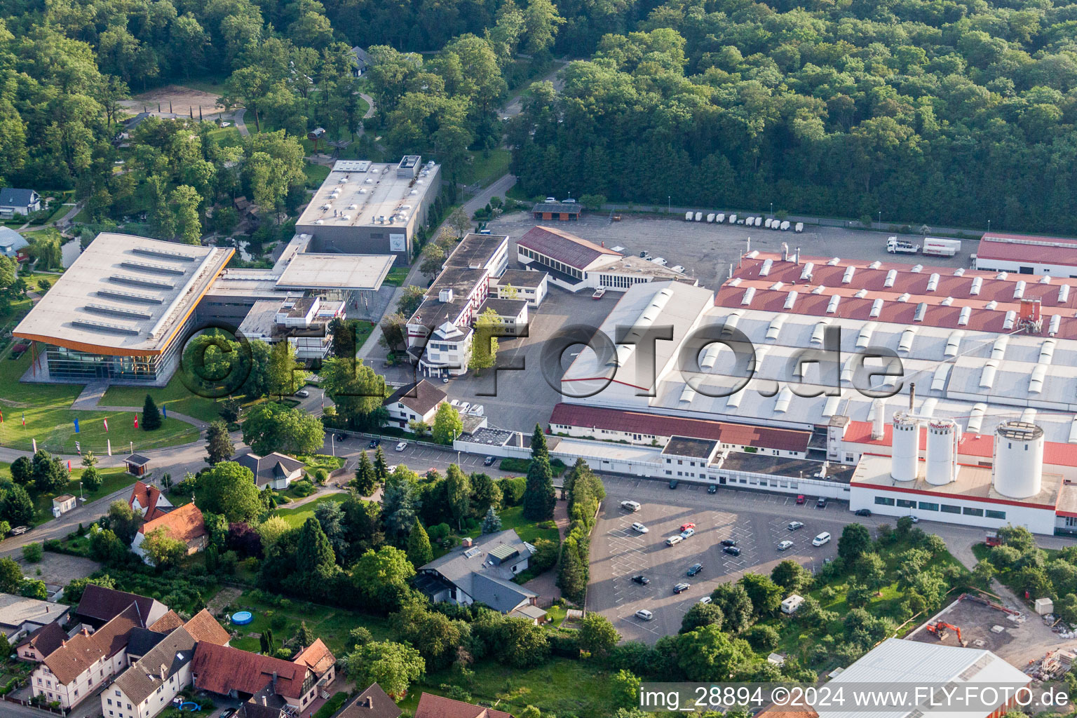 Aerial view of Building and production halls on the premises of WeberHaus GmbH & Co. KG in the district Linx in Rheinau in the state Baden-Wurttemberg, Germany