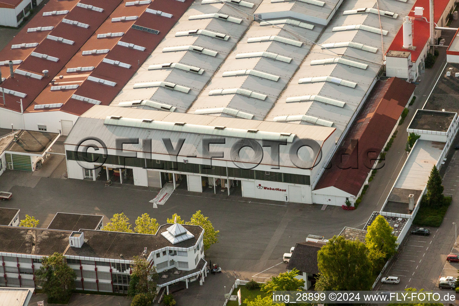 Aerial photograpy of Building and production halls on the premises of WeberHaus GmbH & Co. KG in the district Linx in Rheinau in the state Baden-Wurttemberg, Germany