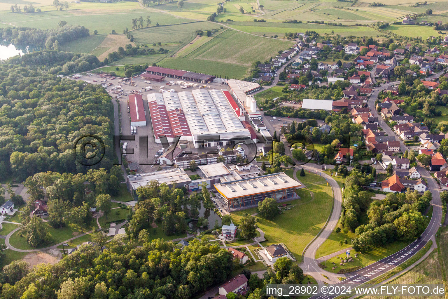 Building and production halls on the premises of WeberHaus GmbH & Co. KG in the district Linx in Rheinau in the state Baden-Wurttemberg, Germany from above