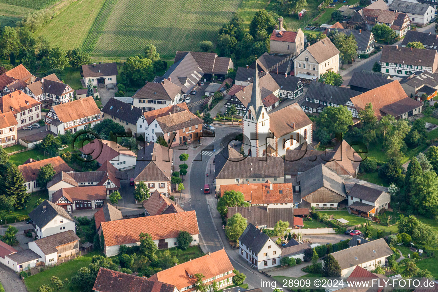 Aerial view of Church building in the village of in the district Legelshurst in Willstaett in the state Baden-Wurttemberg, Germany