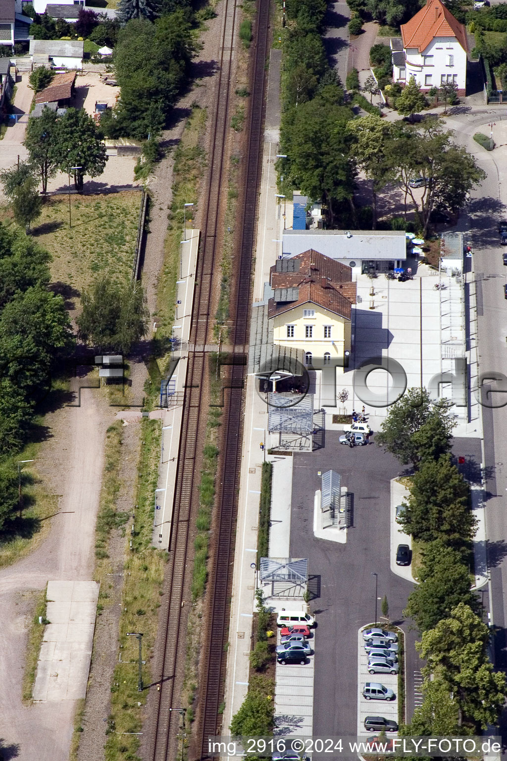 Aerial view of Train station from the east in Kandel in the state Rhineland-Palatinate, Germany