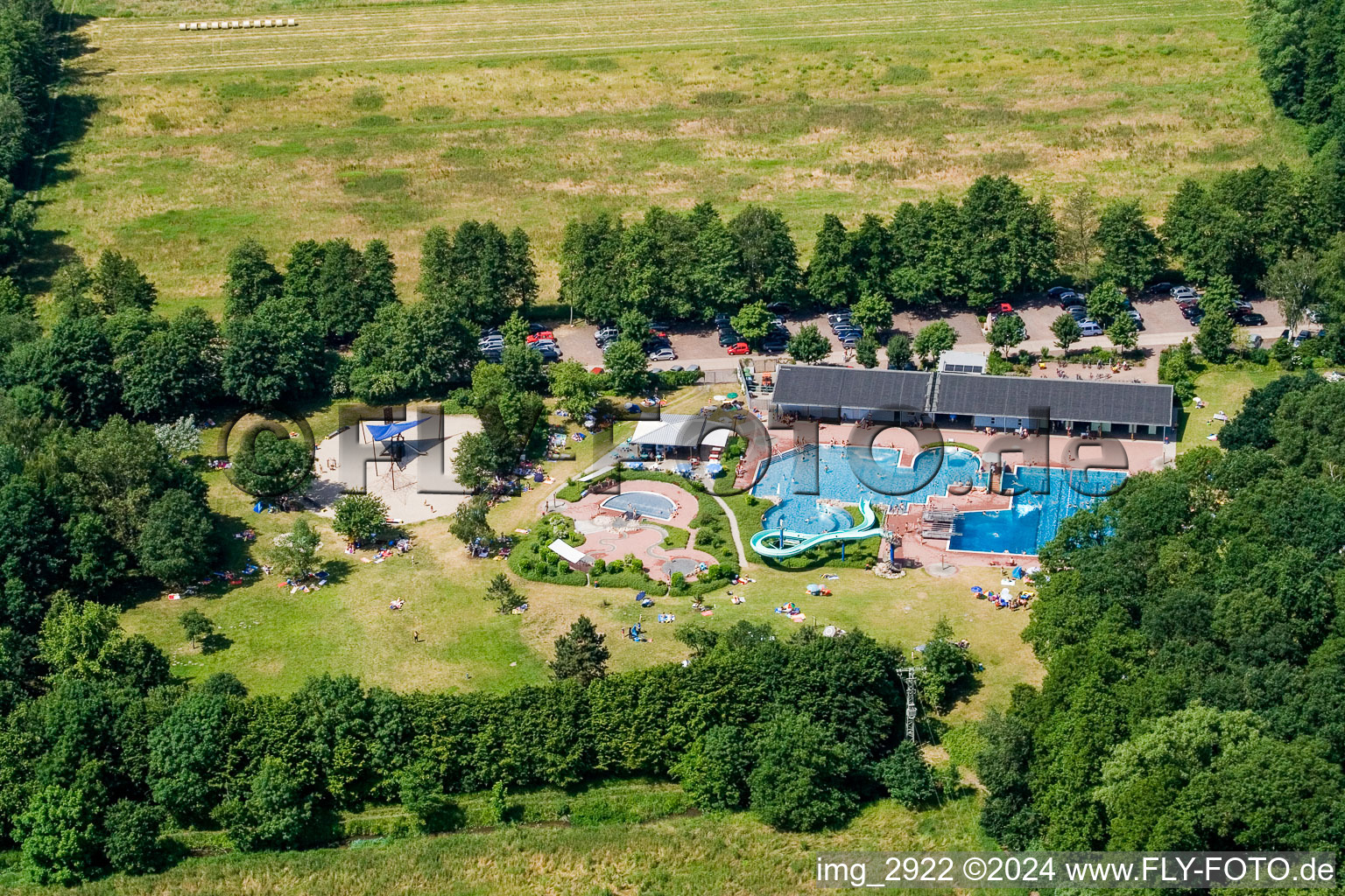 Aerial photograpy of Waterslide on Swimming pool of the Waldschwimmbad Kandel in Kandel in the state Rhineland-Palatinate