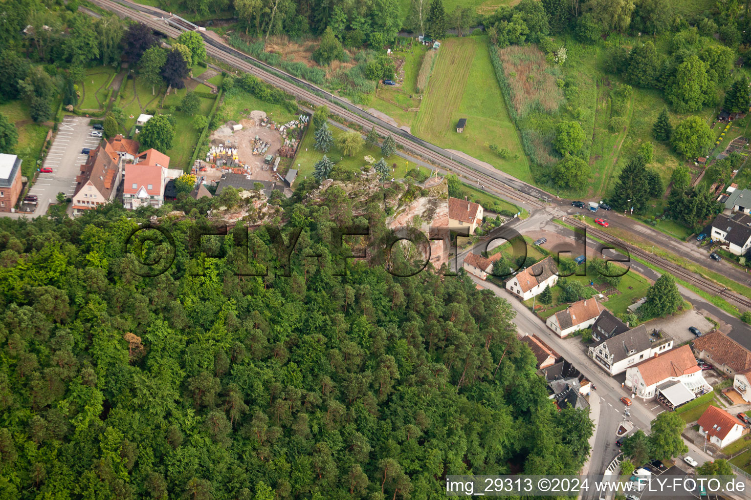 Aerial view of Maiden jump in Dahn in the state Rhineland-Palatinate, Germany