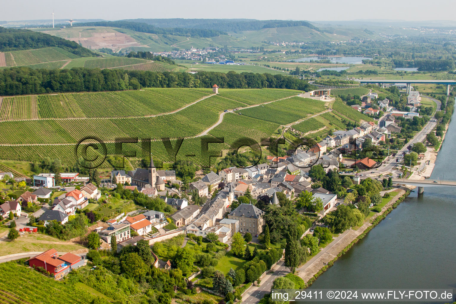 Village on the river bank areas of the river Mosel in Schengen in Distrikt Greiwemaacher, Luxembourg