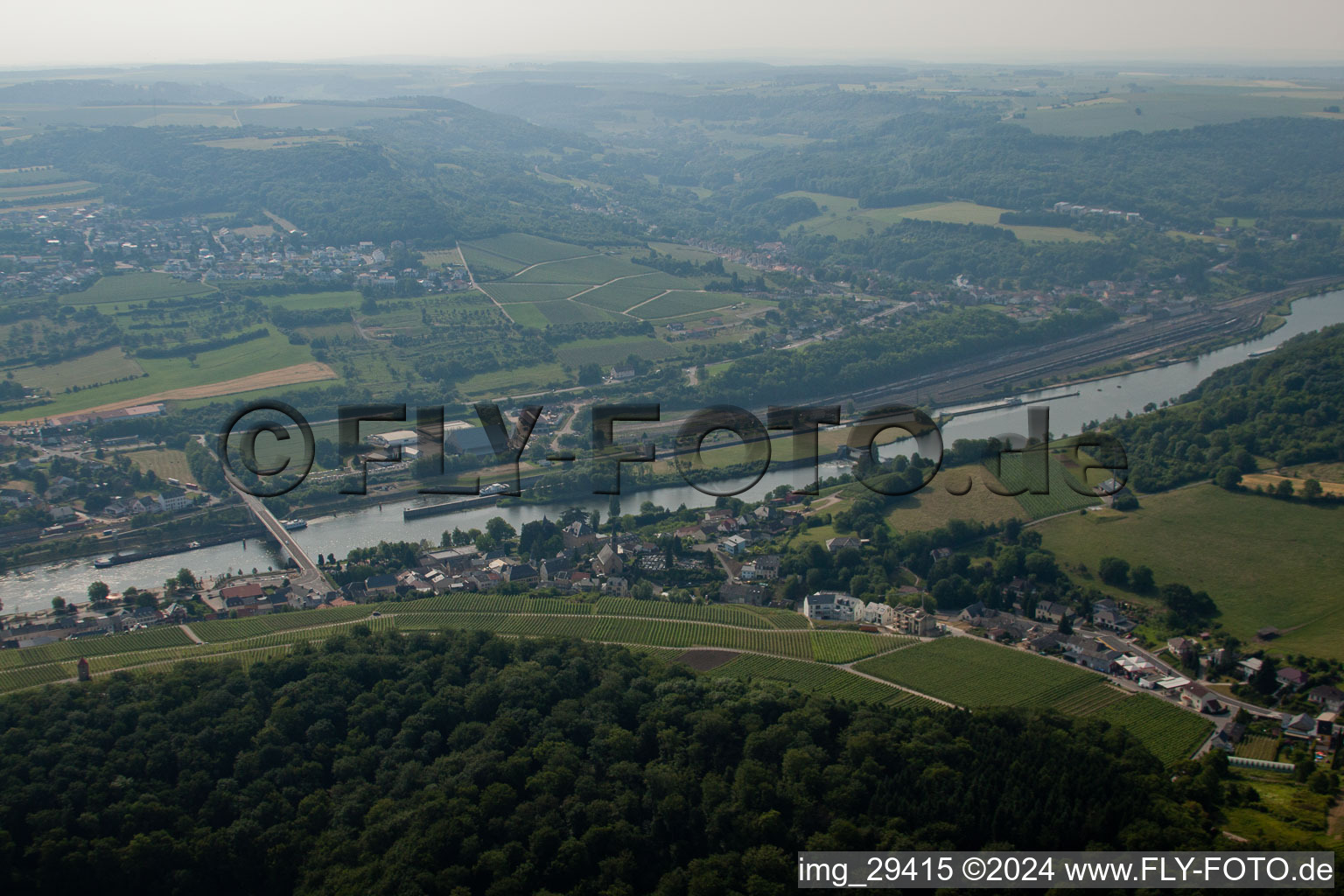 Aerial view of Schengen in the state Remich, Luxembourg