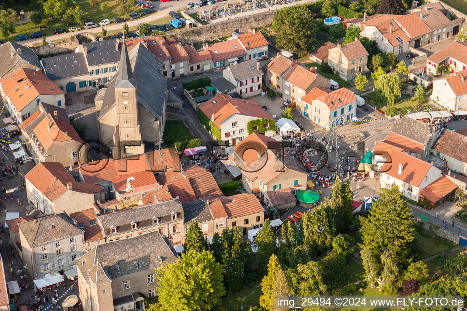 Aerial view of Medieval market at Rodemack in Grand Est, France