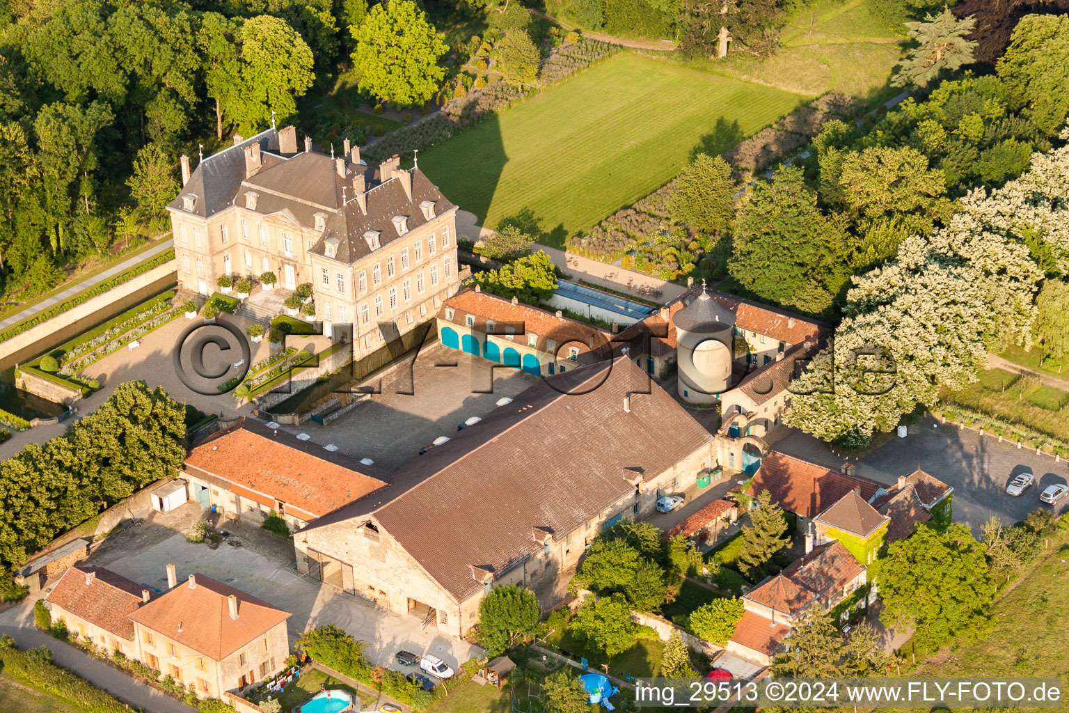 Aerial view of Palace Chateau La Grange in Manom in Grand Est, France