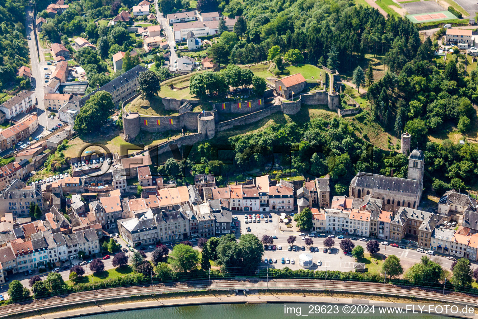 Aerial view of Village on the river bank areas of the river Mosel in Sierck-les-Bains in Grand Est, France