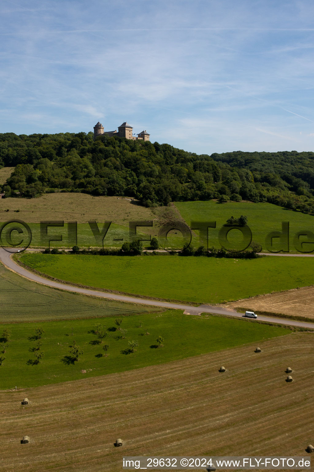 Aerial view of Château Mensberg in Manderen in the state Moselle, France