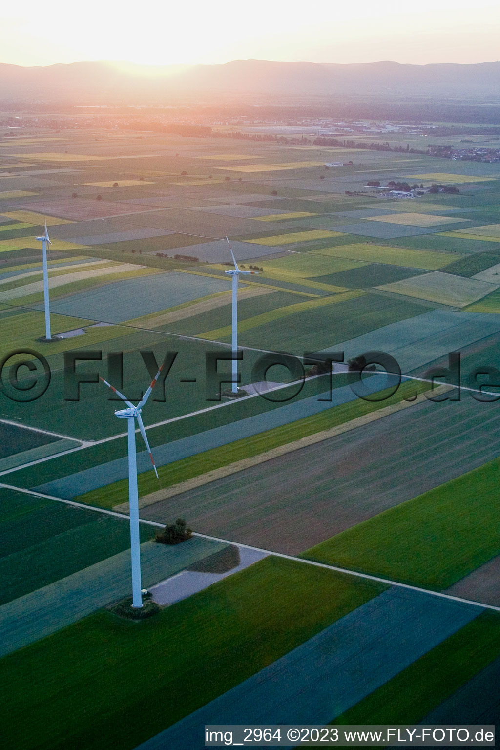 Aerial view of Wind turbines towards Bellheim in Herxheimweyher in the state Rhineland-Palatinate, Germany