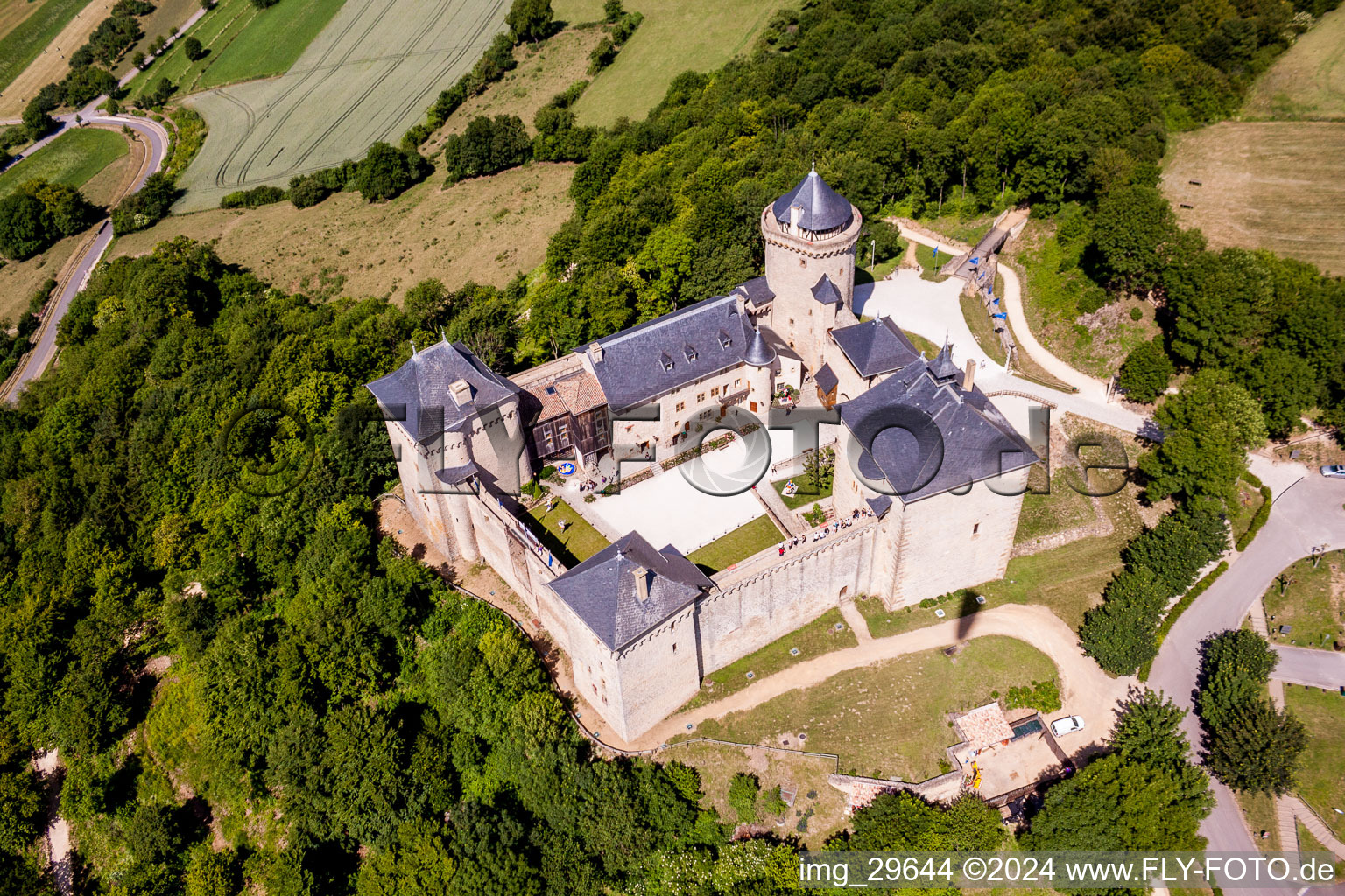 Aerial view of Castle of Schloss Malbrouck in Manderen in Grand Est, France