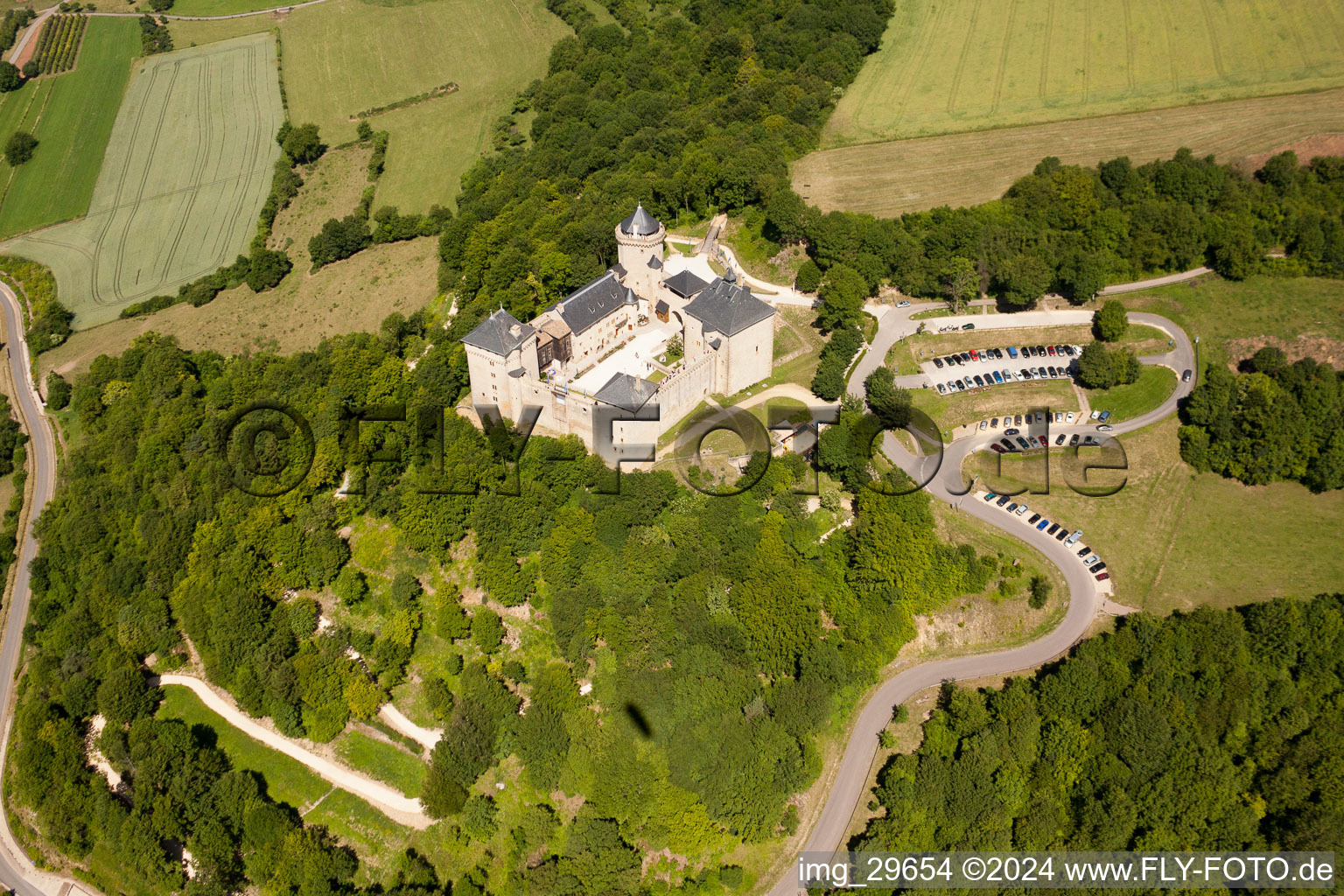 Château Mensberg in Manderen in the state Moselle, France from above